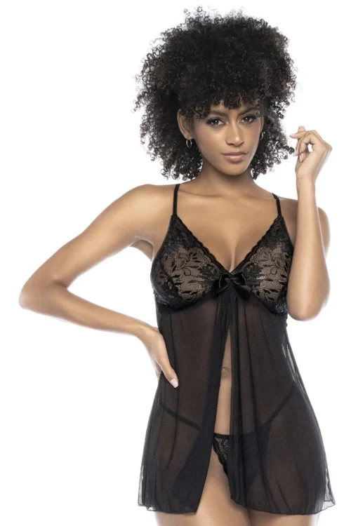 nuisette dentelle florale noire résille transparente ouverture devant noeud satiné bretelles réglables string assorti coupe fluide sexy romantique