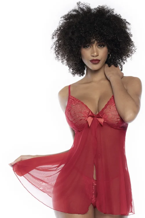 nuisette babydoll dentelle florale résille rouge ouverte nœud satiné sensuelle transparente délicate bretelles réglables string assorti confortable ajustée glamour