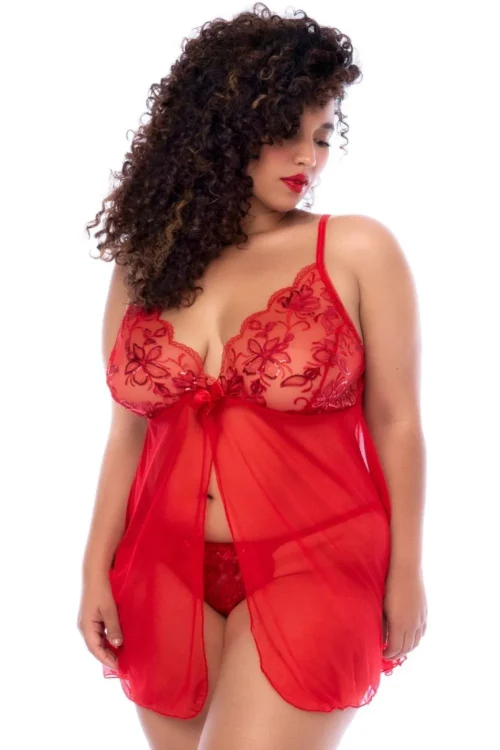 Nuisette Grande Taille Rouge Motif Floral Paillettes Transparence String Assorti Bretelles Réglables Ouverture Devant Coupe Ample