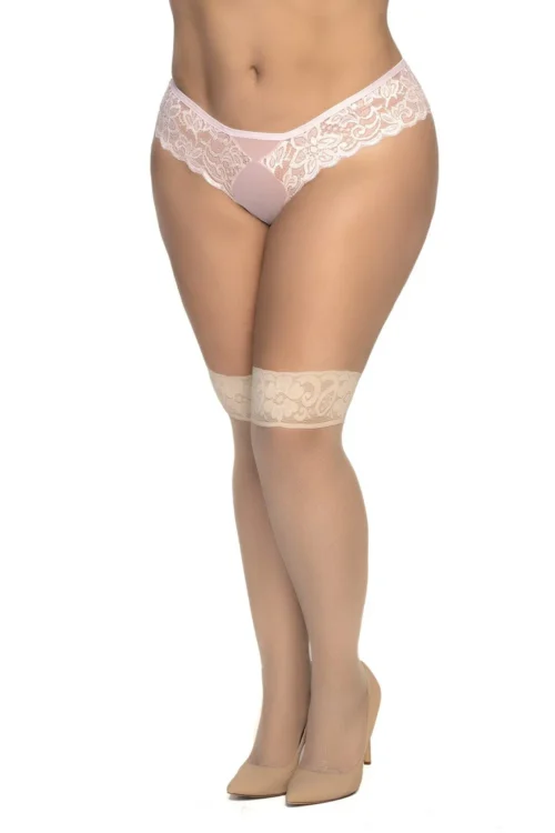 bas nylon grande taille semi transparent chair effet seconde peau dentelle florale bande maintien confortable extensible respirant élégant féminin