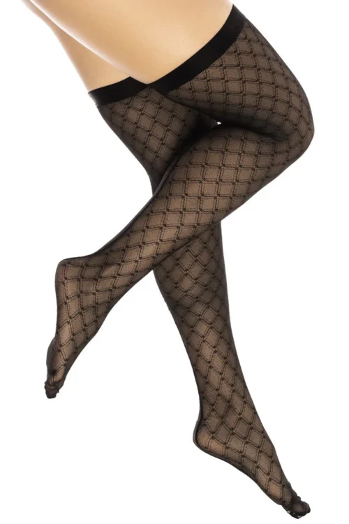 bas résille noire transparente imprimée géométrique maintien élastique cuisses seconde peau bande intégrée antidérapante extensible confortable élégante sexy