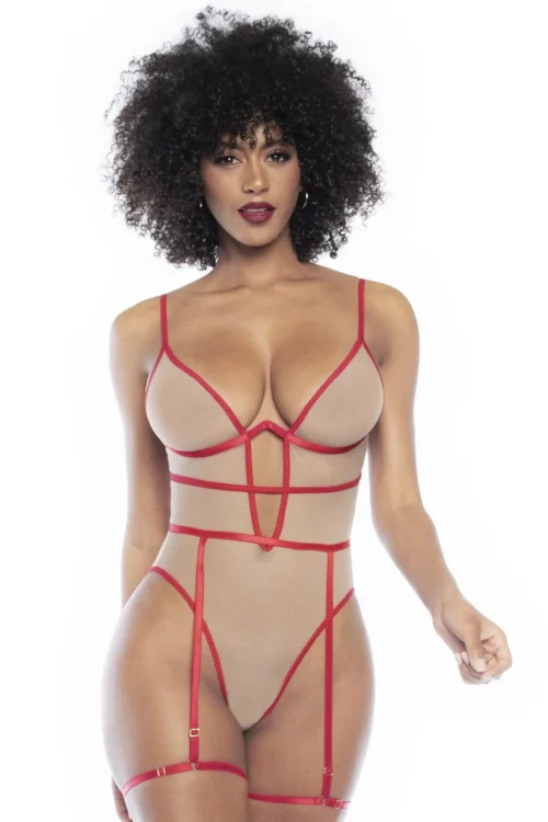 Body sexy couleur chair coutures rouges portejarretelles amovible broderie cœur armatures intégrées bretelles réglables matières douces extensibles maintien sensualité raffinée