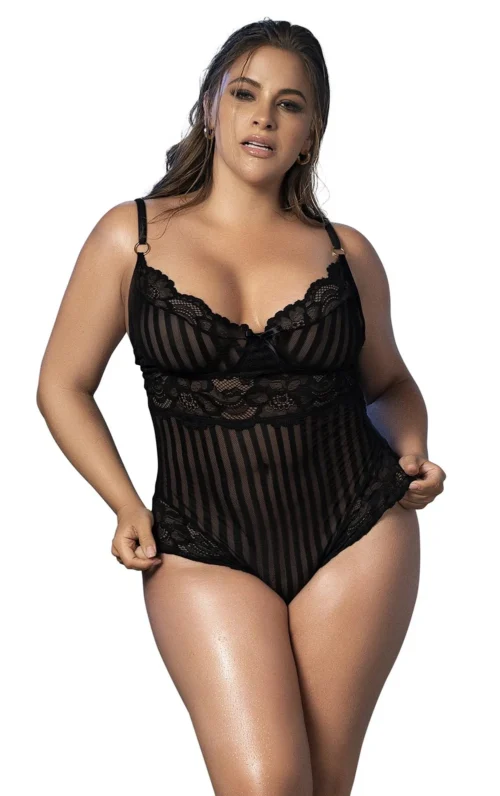 Body dentelle noire grande taille rayée résille bretelles réglables Mapalé élégance sensualité confort maintien extensible séduisante transparence glamour