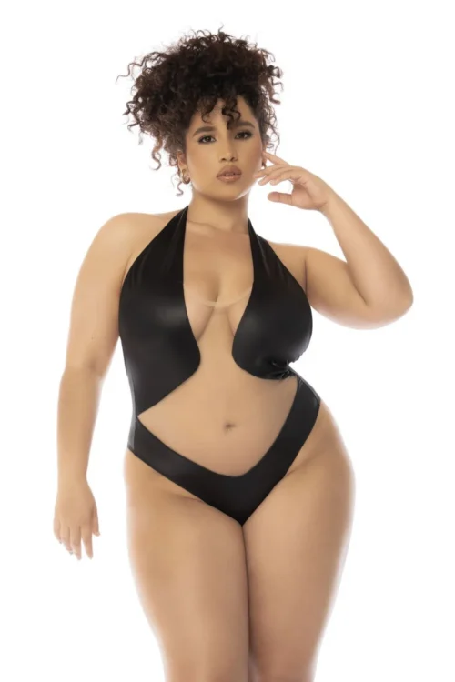 body dos nu grande taille résille transparente effet cuir noir chair sculptant ajustable fermeture entrejambe col licou sensualité audace Mapalé