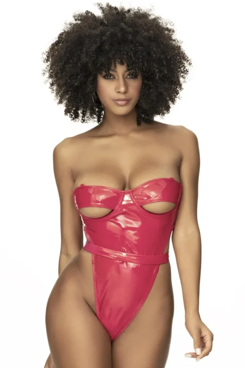 Body Audacieux Haute Coupe Vinyle Rouge Vif Armatures Bretelles Réglables