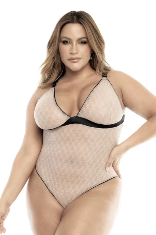 Body grande taille résille chair transparente motif géométrique maintien poitrine bretelles larges réglables bande élastique entrejambe réglable extensible