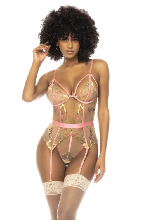 guêpière dentelle brodée rose armatures amovibles jarretelles Mapalé romantique sensuelle maintien galbante bretelles réglables douceur élégante extensible