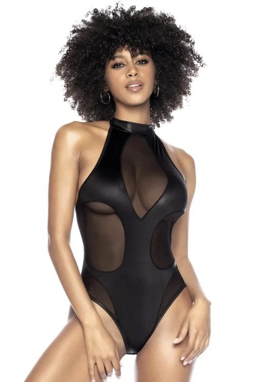 Justaucorps noir résille transparent effet mouillé extensible confortable sculptant moulant fermeture boutonnée cou réglable entrejambe