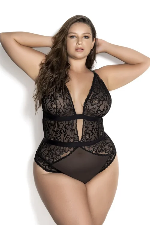 Body Noir Grande Taille Dentelle Résille Bretelles Réglables Nœud Satiné