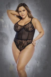 Body Grande Taille Noir Dentelle Résille Laçage Dos Ouvert Entrejambe – Image 3