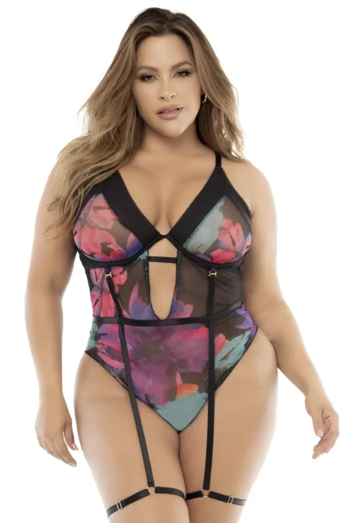 body noir grande taille imprimé fleurs exotiques sensuel glamour élégant confortable maintien bonnets armatures bretelles réglables portejarretelles amovibles