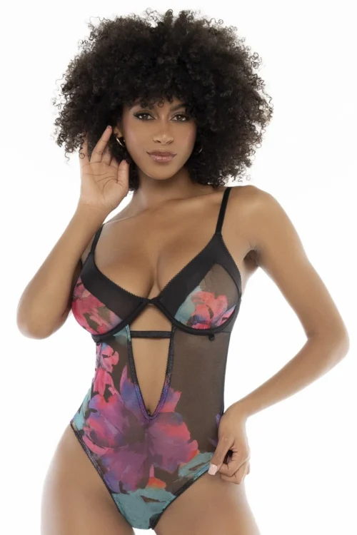 body noir imprimé fleurs exotiques bonnets armatures portejarretelles amovibles bretelles réglables maintien galbant silhouette raffinée extensibles fermeture entrejambe séduction tropicale
