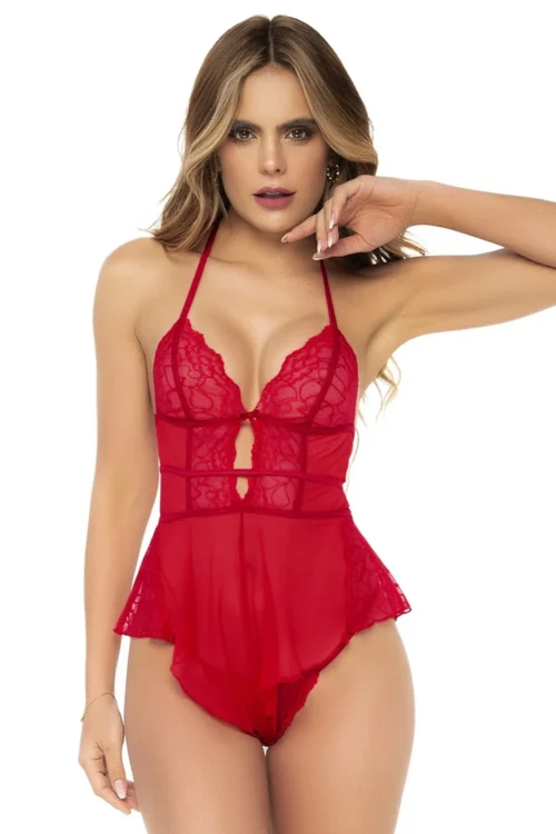 Body rouge babydoll attaches dorsales réglables string assorti laçage cou transparent dentelle douce extensible nylon élasthanne séduction glamour
