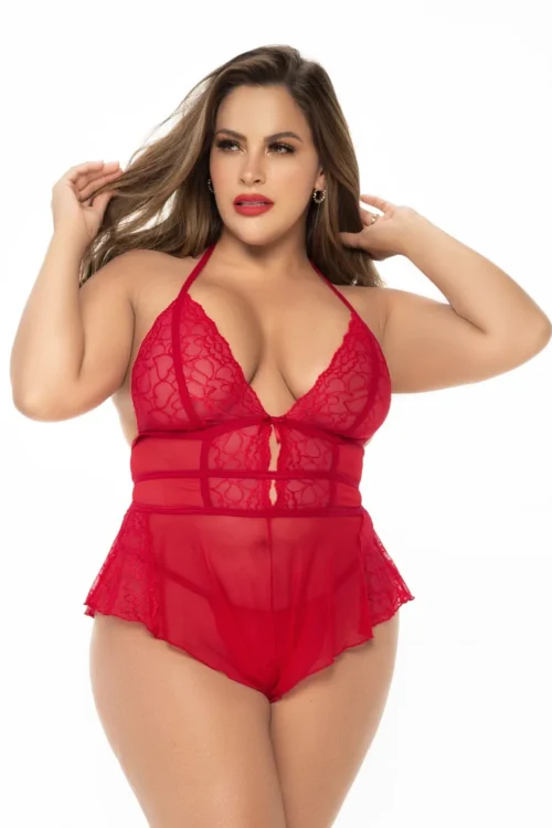 body rouge grande taille babydoll string assorti voluptueuse séduisante glamour laçage dos extensible doux transparent maintien confort