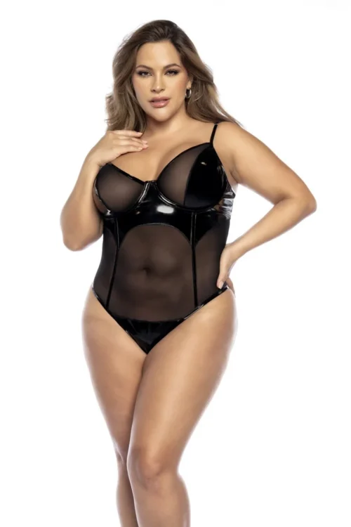 Bodysuit Effet Cuir Noir Taille Plus Pour Soirées Élégantes