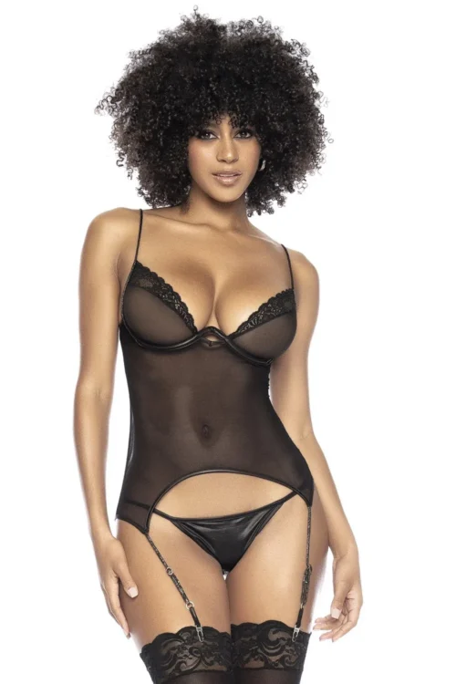 bustier résille transparente dentelle florale jarretelles string assorti armatures intégrées bretelles réglables galbant maintien confort sensualité glamour séduction