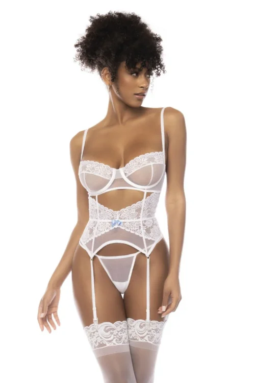 bustier dentelle florale blanche jarretelles string assorti séduisante résille transparente bretelles réglables matières douces extensibles raffinée
