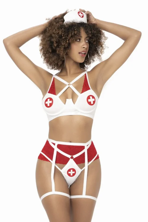 costume infirmière sexy trois pièces dentelle jarretelles soutiengorge armatures string dosouvert coiffe croix rouge élastique extensible confortable glamour provocant sensuel