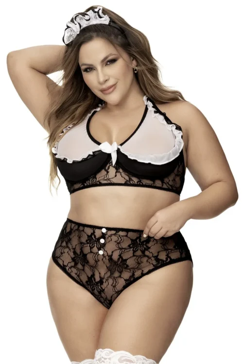 déguisement soubrette sexy grande taille dos nu volants polyamide extensible maintien armatures culotte haute boutons décoratifs cœur coiffe assortie coquine