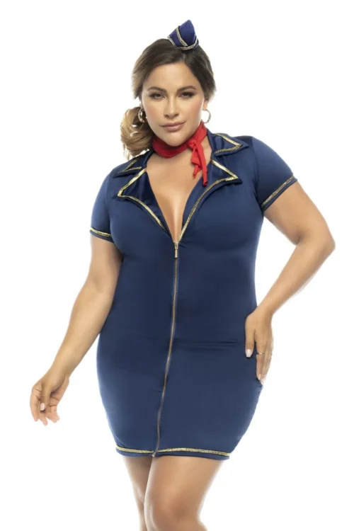costume hôtesse air grande taille sexy robe zippée ajustée moulante extensible confortable écharpe coiffe glamour séduisante