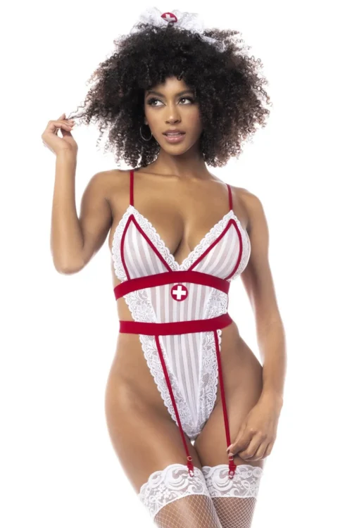 costume infirmière sexy body blanc rayé échancré jarretelles ajustables serre tête dentelle bonnets souples maintien bretelles réglables fermetures crochet dos