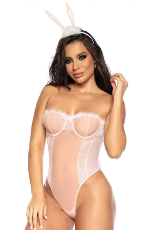 sexy femme lapin costume body sans bretelles plumes serre tête armatures maintien décolleté laçage dos ajustable moulant satiné élégant féminité
