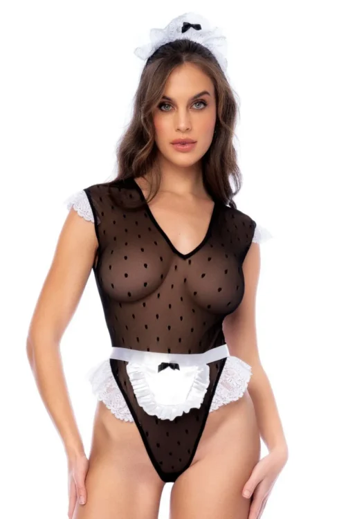 déguisement sexy soubrette body maille fine pois transparent volants ajustable entrejambe réglable tablier satiné serre tete assorti élasthanne polyamide polyester