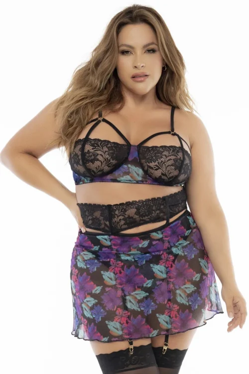 nuisette grande taille noire dentelle florale portejarretelles string tulle amovible bretelles réglables maintien douceur extensible femme pulpeuse Mapalé