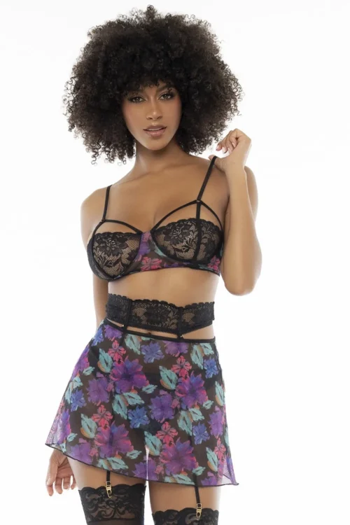 Nuisette Convertible Trois Pièces Dentelle Florale Noire Soutiengorge Bretelles Réglables Portejarretelles String Jupe Amovible Modulable Sexy Élégante Confortable