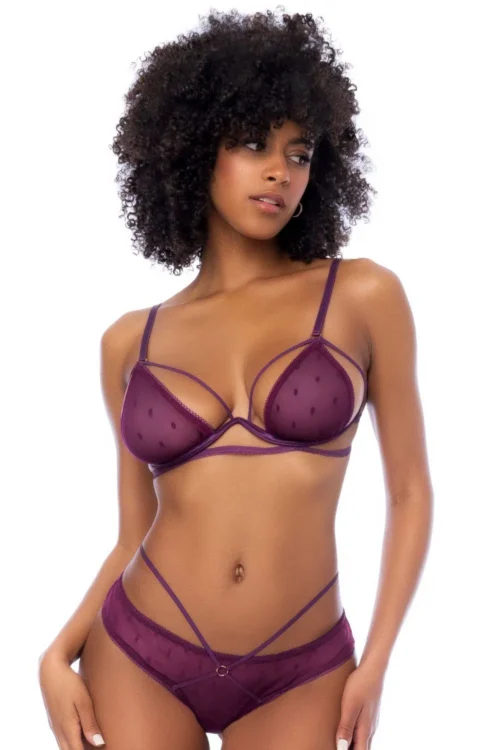 Ensemble lingerie bordeaux armatures pois sexy polyamide soutiengorge culotte ouverte dos bretelles réglables maintien doux léger maille raffinée glamour sensualité