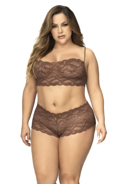 Ensemble lingerie grande taille dentelle cacao haut bustier shorty Mapalé sensuel confortable extensible bretelles réglables galbant élégant sophistiqué