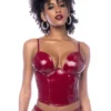 bustier string vinyle bordeaux brillant glamour sensuel sexy audacieux structurant armatures maintien bretelles réglables fermeture éclair dos confortable extensible raffiné