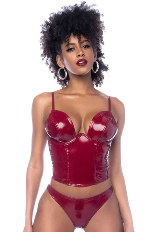 bustier string vinyle bordeaux brillant glamour sensuel sexy audacieux structurant armatures maintien bretelles réglables fermeture éclair dos confortable extensible raffiné