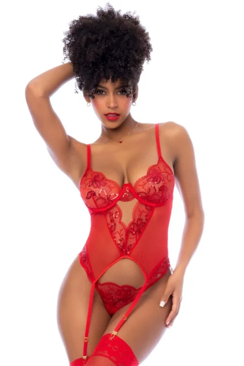 ensemble deux pièces rouge maille brodée paillettes bustier armatures dos lacets ajustable bretelles réglables string assorti maintien structurant glamour sensuel