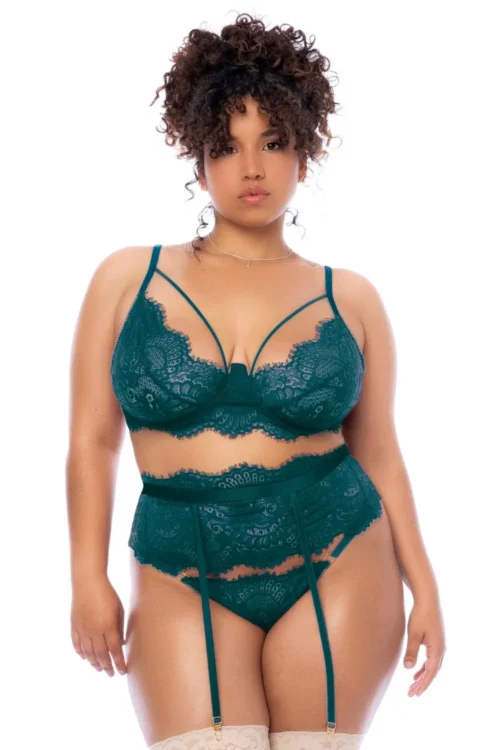 ensemble grande taille dentelle cils vert pierres précieuses émeraude soutien gorge armatures porte jarretelles string assorti maintien confort séduction glamour