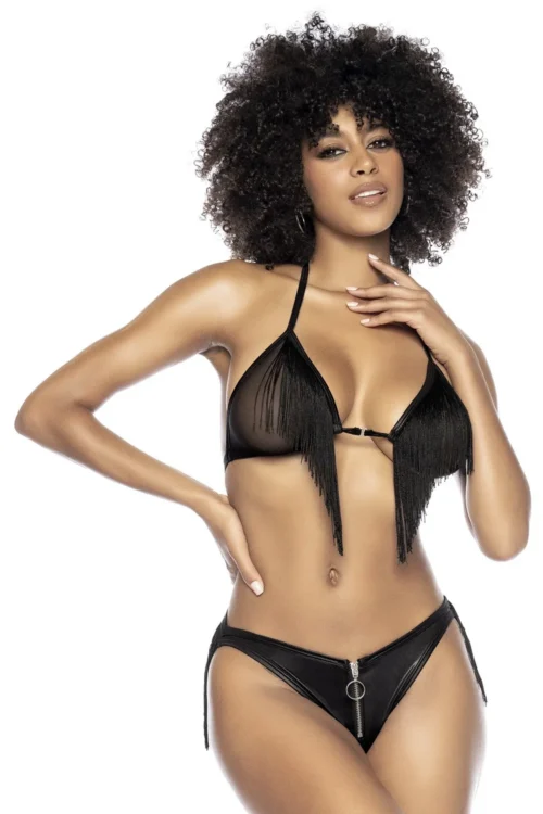 Ensemble lingerie noire soutiengorge triangle franges culotte ouverte sexy fermeture zippée extensible confortable provocante sensuelle audacieuse glamour minimaliste séduisante coquine