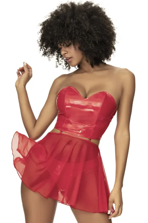 Ensemble Lingerie Deux Pièces Vinyle Rouge Transformable Nuisette Dos Lacé