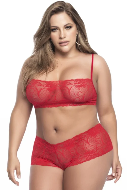 Ensemble Lingerie Grande Taille Rouge Dentelle Bustier Shorty Sensuel