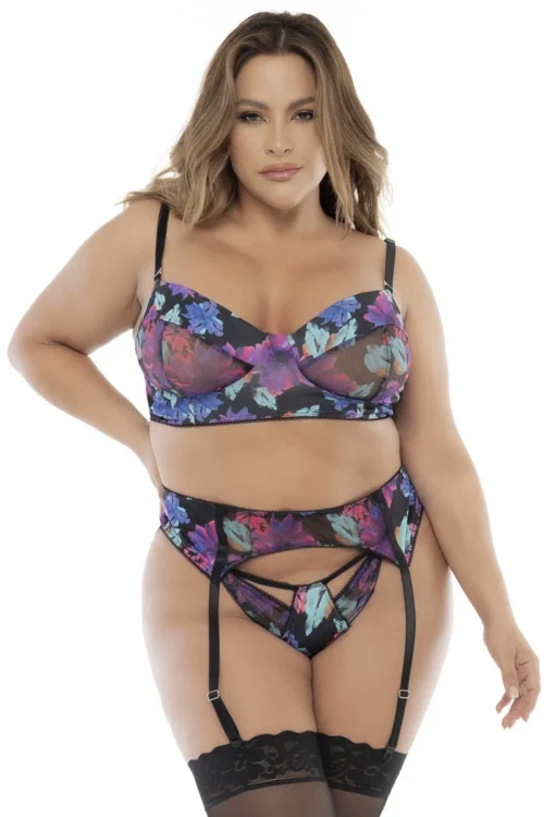 ensemble lingerie grande taille fleurs exotiques noir soutien gorge armatures porte jarretelles string bretelles réglables amovibles maintien optimal matières extensibles