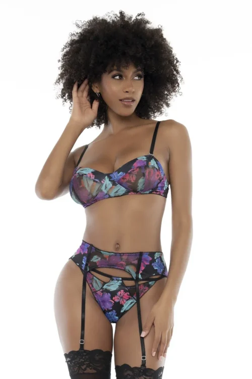 ensemble trois pièces noir fleurs exotiques Mapalé lingerie sensuel mystérieux raffiné séduisant bretelles réglables amovibles portejarretelles string doux extensible confortable