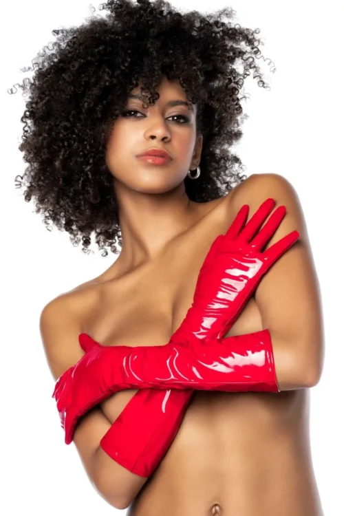 gants vinyle rouge brillants ajustables cordon serrage maintien personnalisés confortables souples extensibles polyester elasthanne lavage main soirée spectacle costume mode