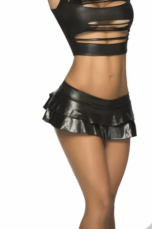mini jupe noire volants doubles fronces effet mouillé brillant satiné coupe flatteuse taille élastiquée tissu extensible maintien séduisante glamour soirées