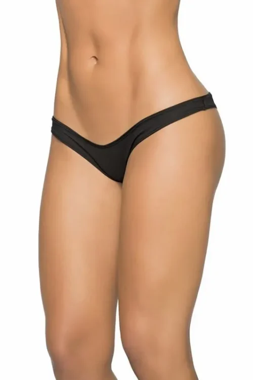 mini string noir taille basse forme V polyester élasthanne minimaliste sensuel discret confortable invisible galbant froncé