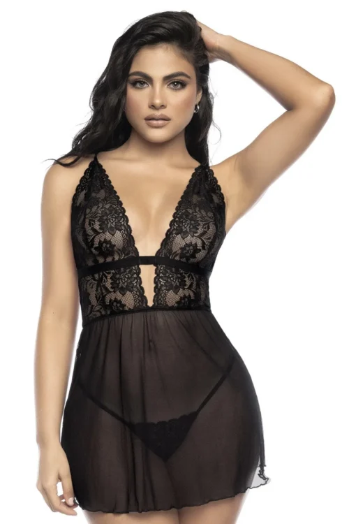 nuisette dentelle noire résille transparente string assorti bretelles réglables décolleté plongeant sensuelle légère ajustable confortable extensible