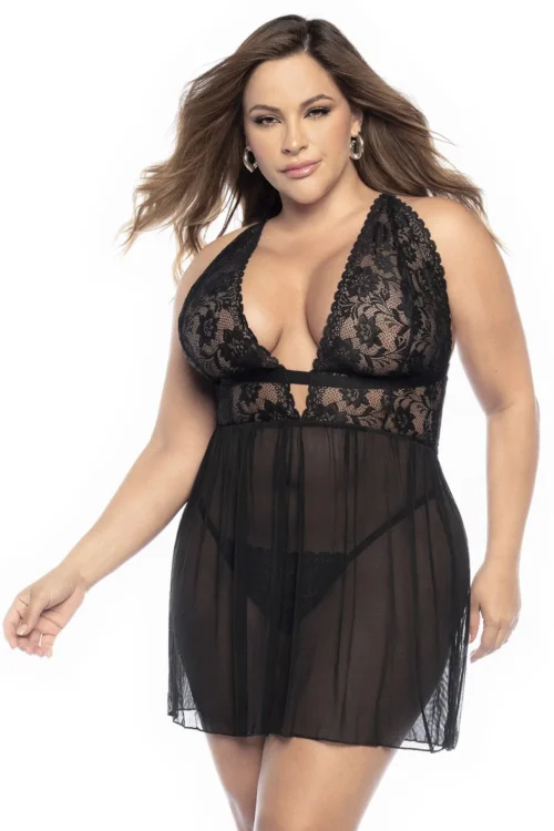 nuisette grande taille dentelle résille noire décolleté profond string assorti élégante sensuelle féminine glamour confortable réglable bretelles transparente