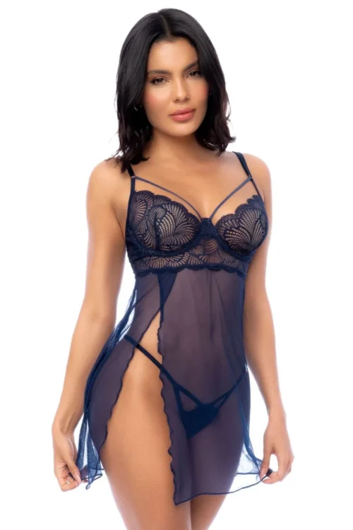 nuisette dentelle armatures bleu nuit string assorti maintien subtil fente latérale bretelles réglables tissu extensible doux respirant élégant sensuel raffiné