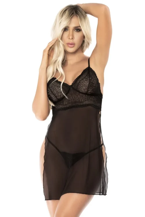 Nuisette dentelle résille noire transparente bretelles réglables string assorti sexy élégante sensuelle légère extensible confortable ouvertures latérales