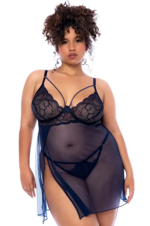 nuisette grande taille dentelle transparente bleu nuit armatures maintien bretelles réglables string assorti fluide extensible confortable
