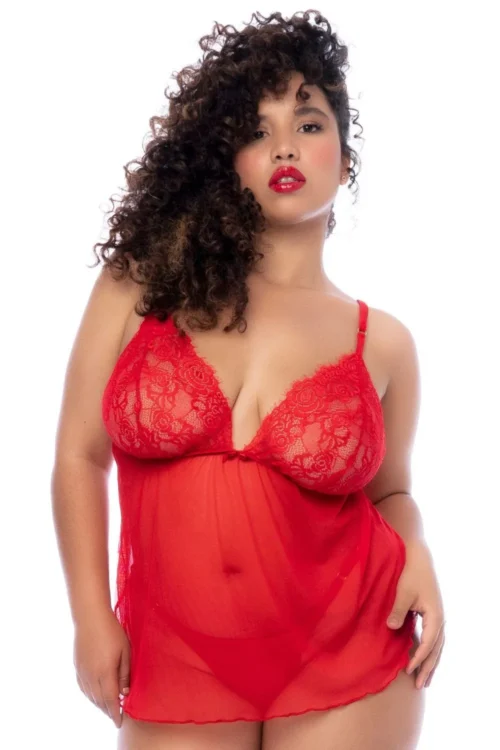 nuisette grande taille rouge dentelle cils maille extensible réglable string assorti bretelles ajustables coupe ample confort sensualité romantique