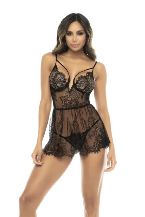 Nuisette dentelle noire armatures maintien bretelles réglables string assorti polyamide léger transparent élégante sensuelle glamour séduction silhouette sublimée